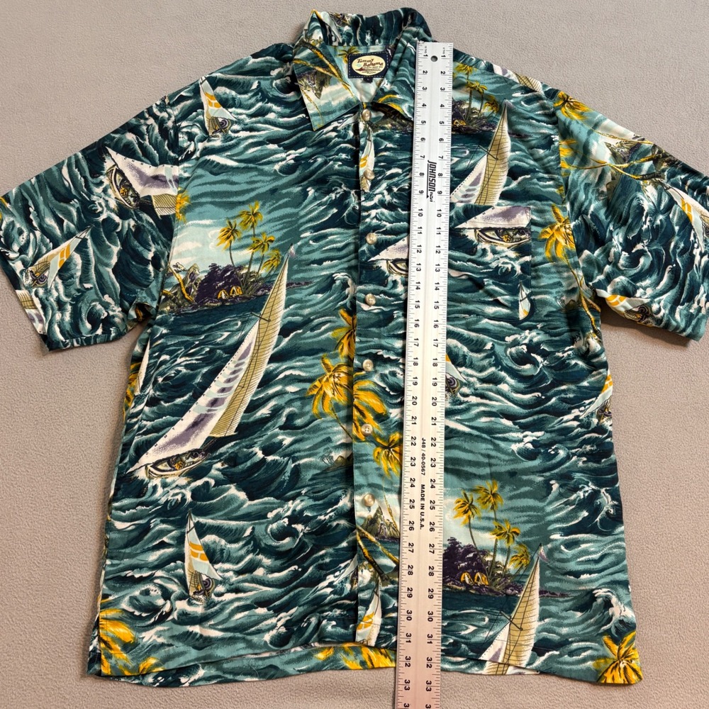Tommy Bahama Mens Large Rayon Sailboat Palm Tree Nautical Camp Shirt Teal Blue - Picture 7 of 9